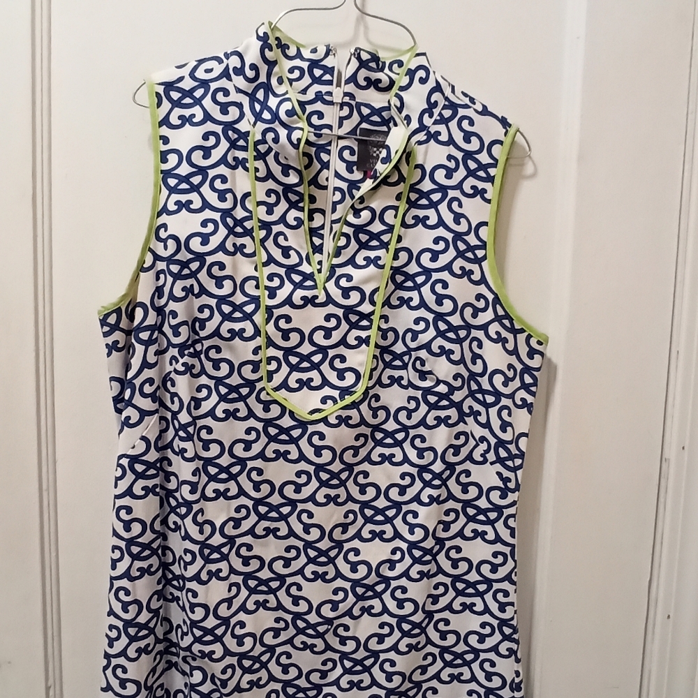Vince Camuto Navy Blue White Print Sleeveless Cotton Dress Size 6 - Picture 2 of 16